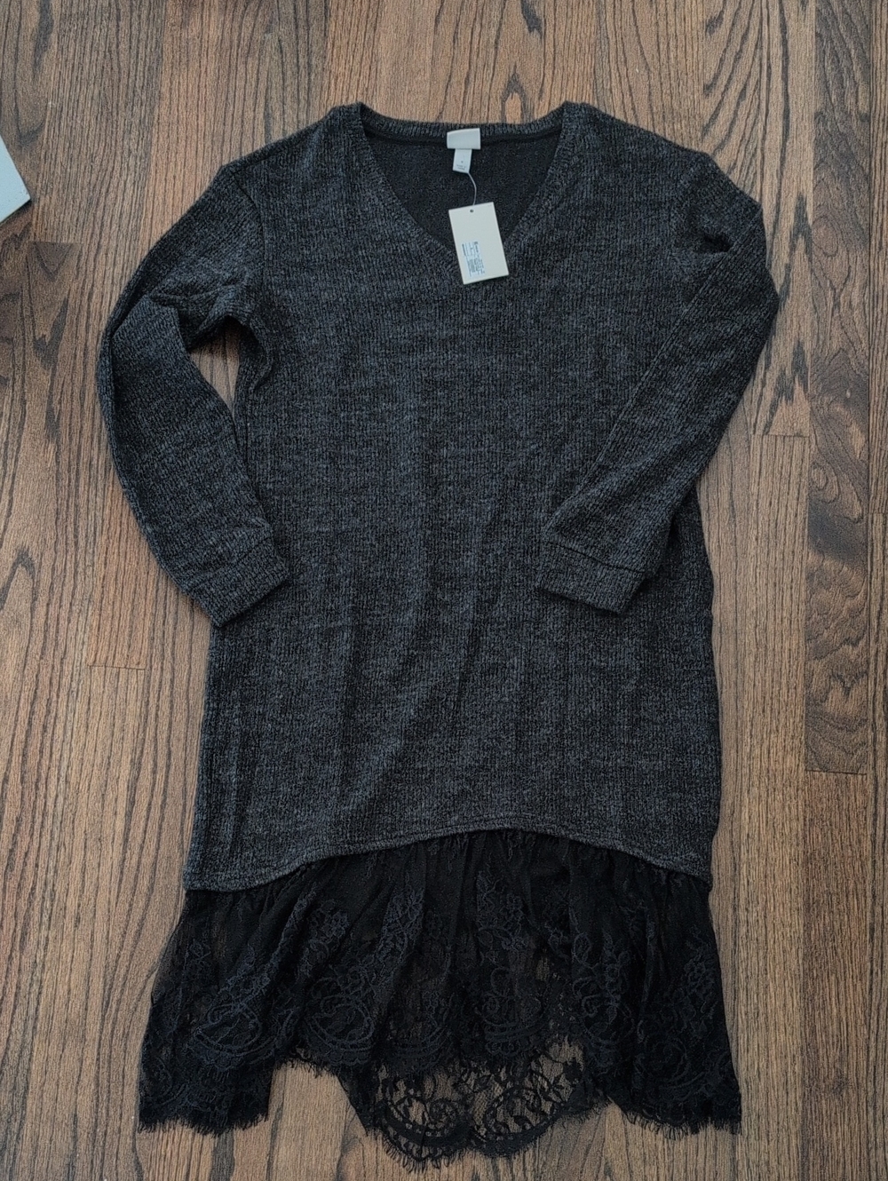 a new day Charcoal Gray V-Neck Long Sleeve Knit Dress with Black Lace Hem